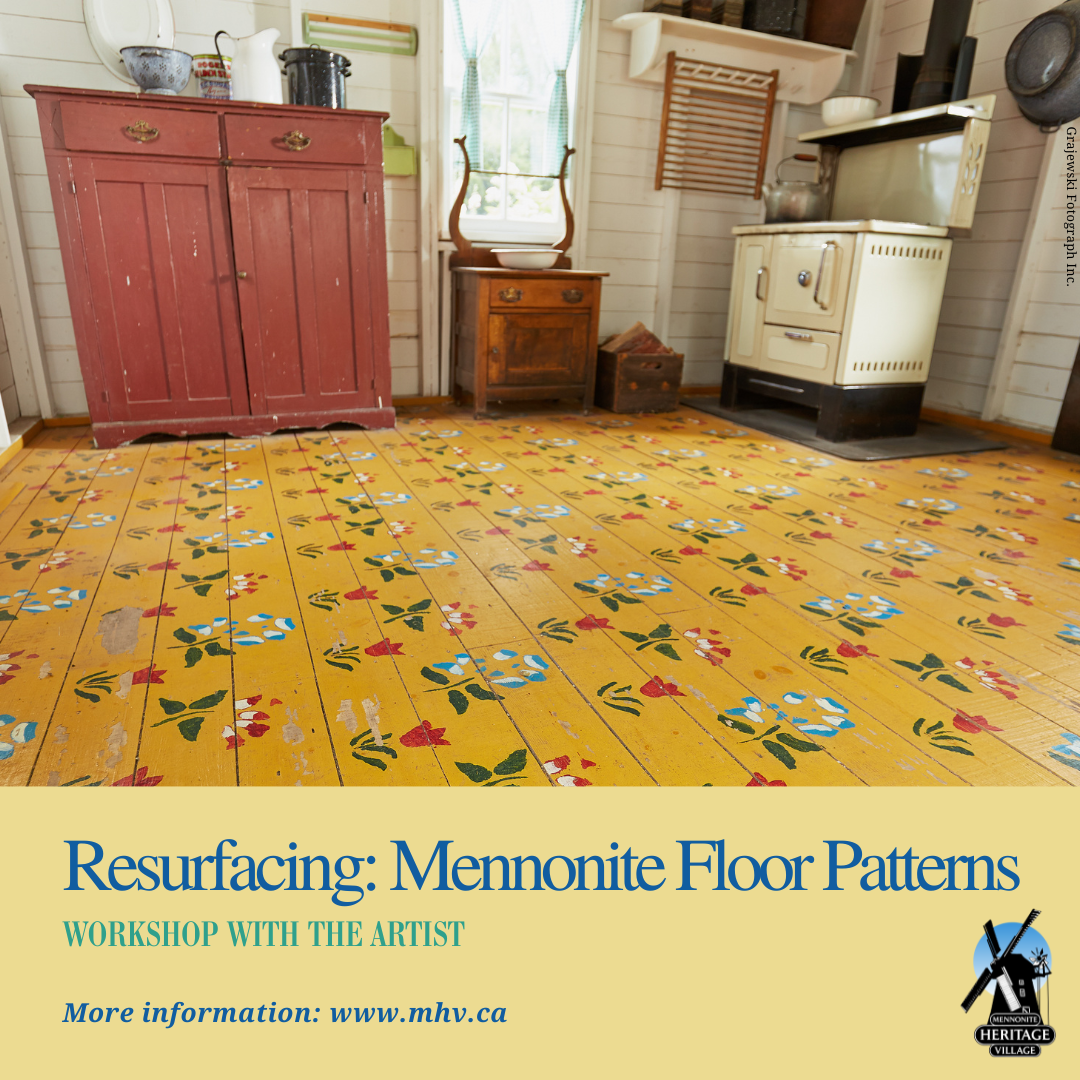 Yellow floor with red and blue flowers. Mennonite Floor Patterns.