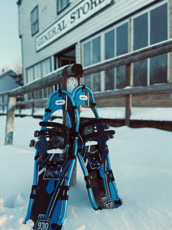 pair of snowshoes outside the mhv general store
